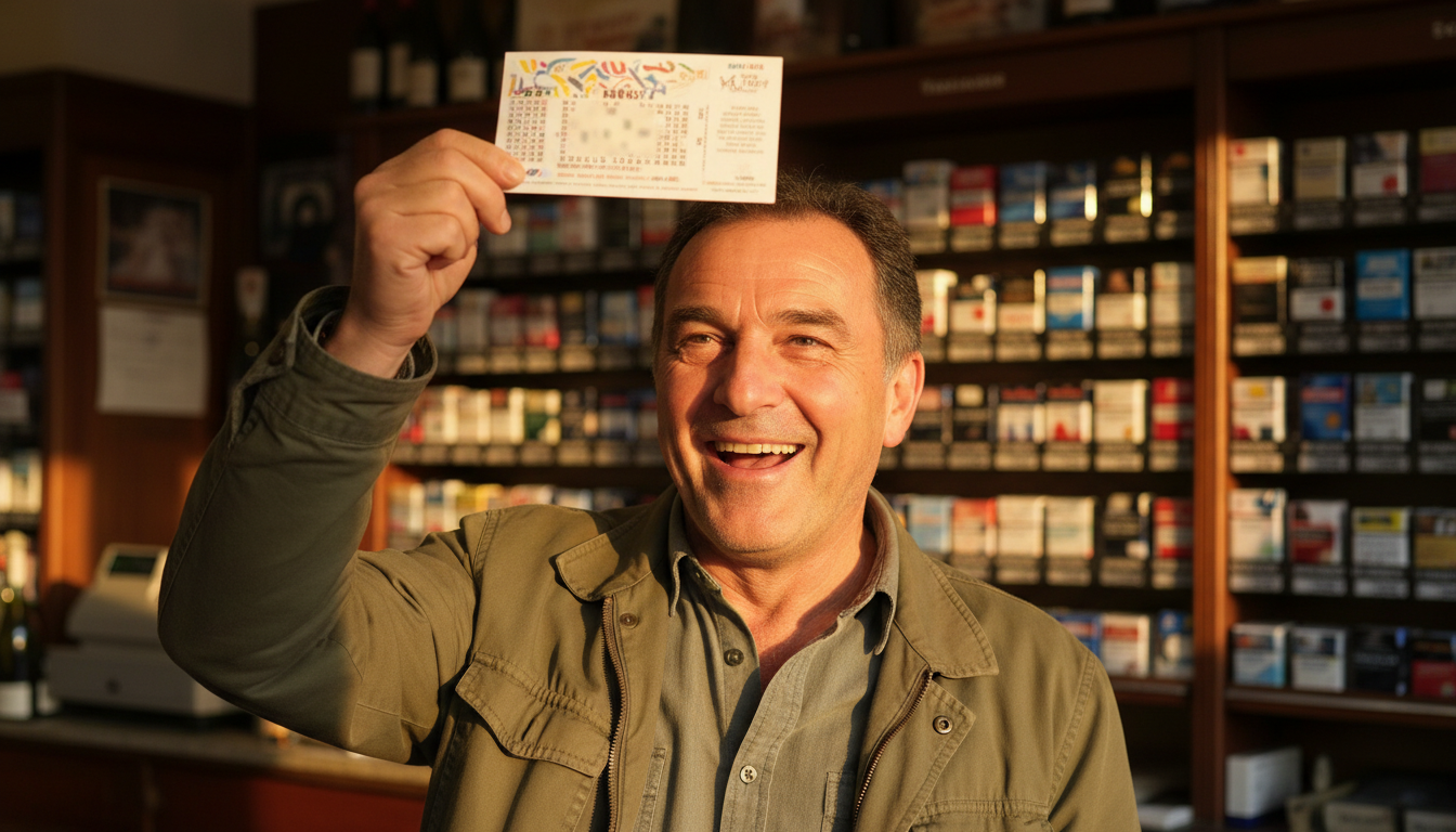 Homme souriant tenant un ticket de Loto gagnant