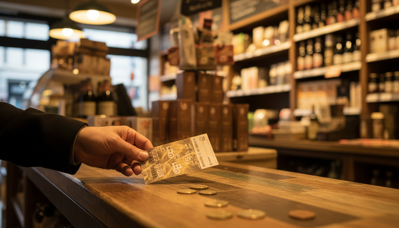 Main déposant une grille de Loto au bureau de tabac