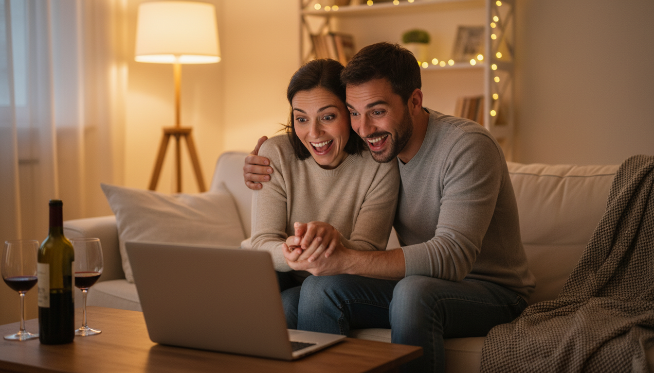 Couple regardant les résultats du Loto sur ordinateur
