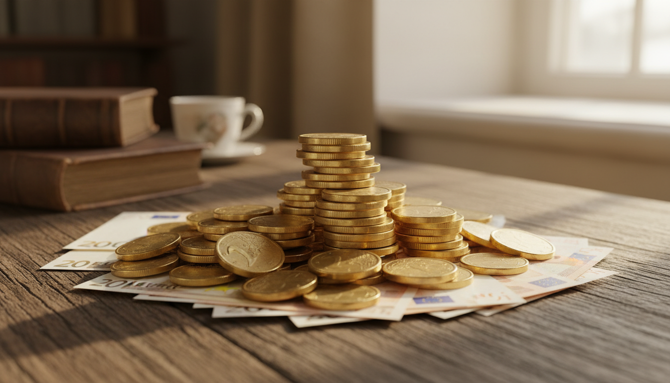 Pièces d'or et billets symbolisant le jackpot du Loto