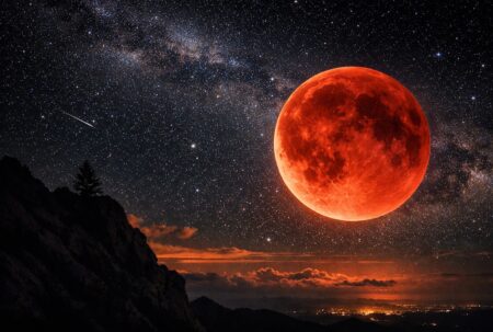Lune de sang lors d’une éclipse lunaire totale, rouge cuivré au-dessus d’une chaîne de montagnes sous un ciel étoilé.