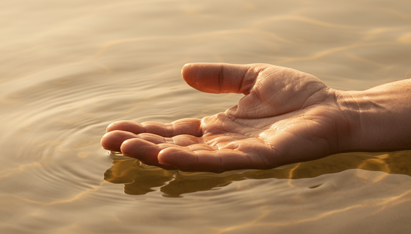 Main avec doigts plissés sortant de l'eau