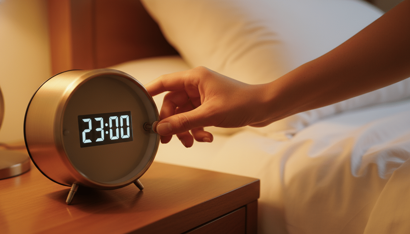 Main féminine réglant un réveil à 23h