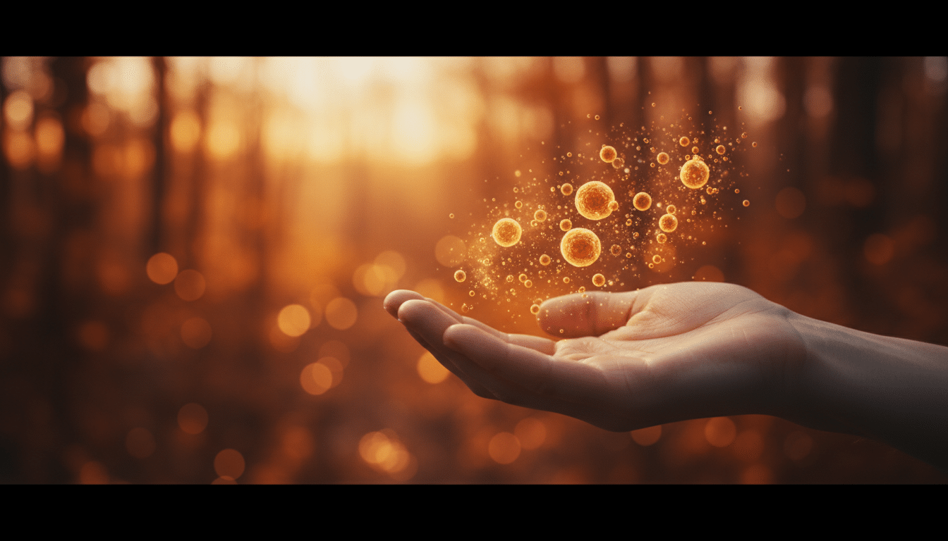 Main ouverte avec des cellules luminescentes flottant au-dessus