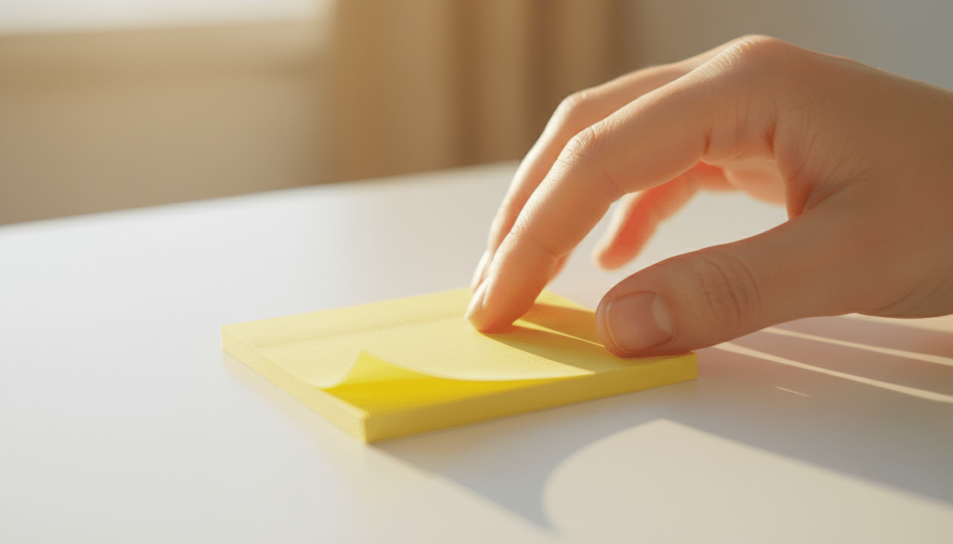 Main posant un Post-it jaune sur une surface blanche