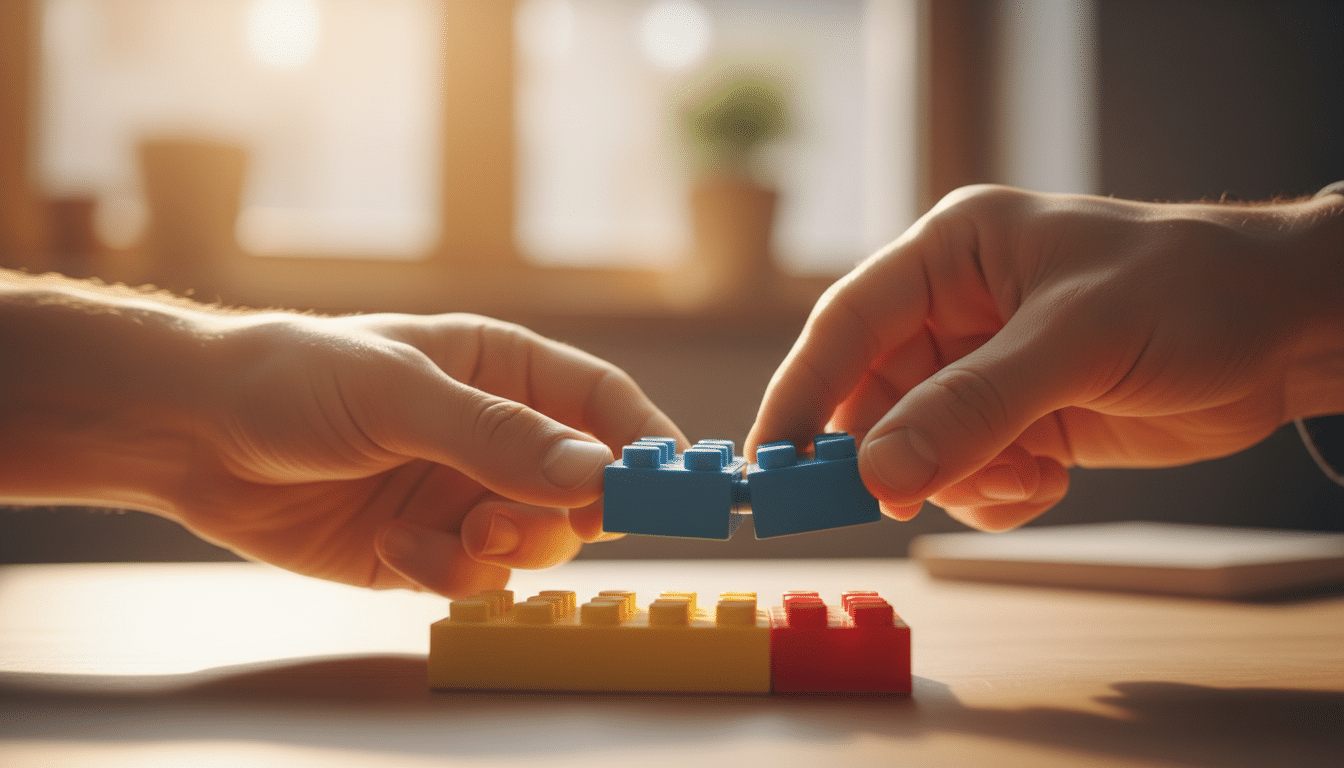 Mains assemblant des briques Lego avec précision