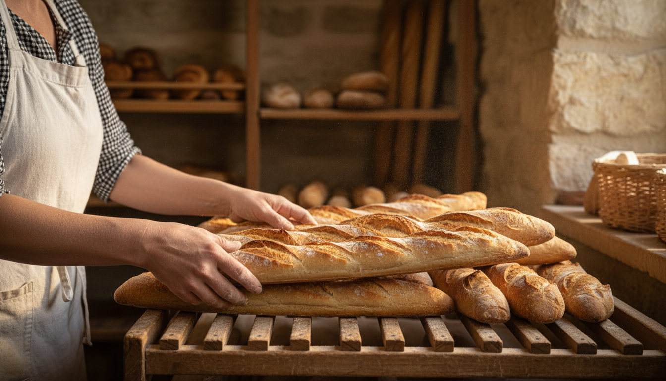 Mains de boulanger déposant des baguettes fraîches