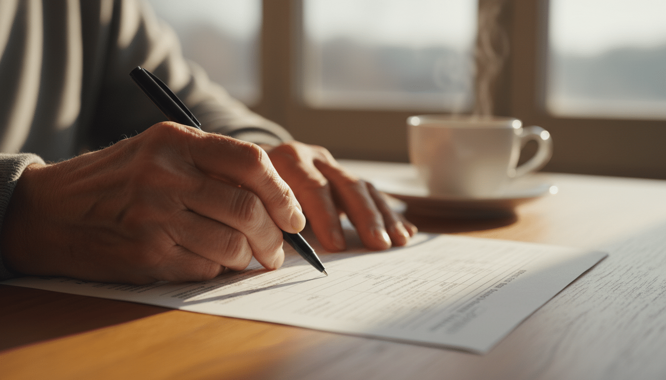 Mains de retraité remplissant une déclaration fiscale