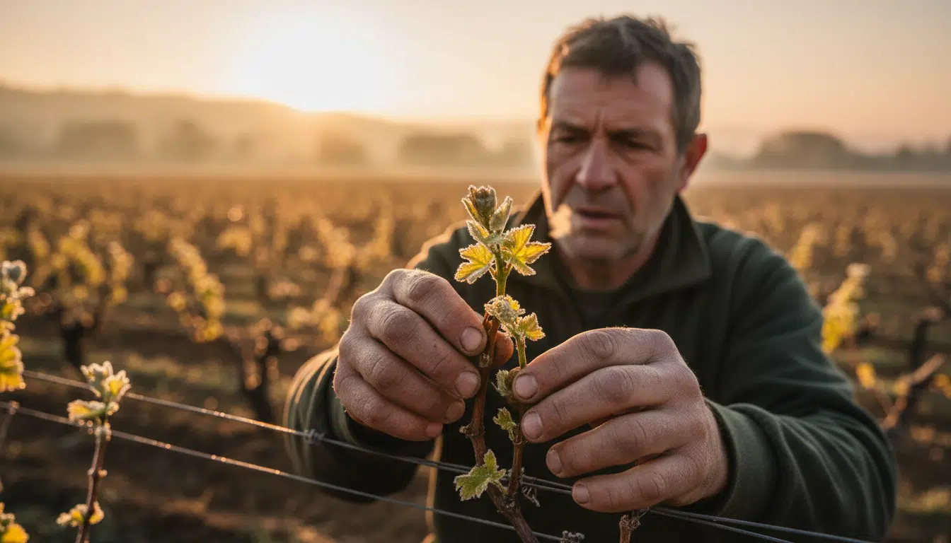 Mains de viticulteur inspectant des bourgeons gelés