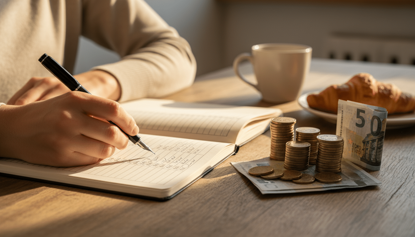 Mains féminines notant un budget avec des billets et pièces en euros
