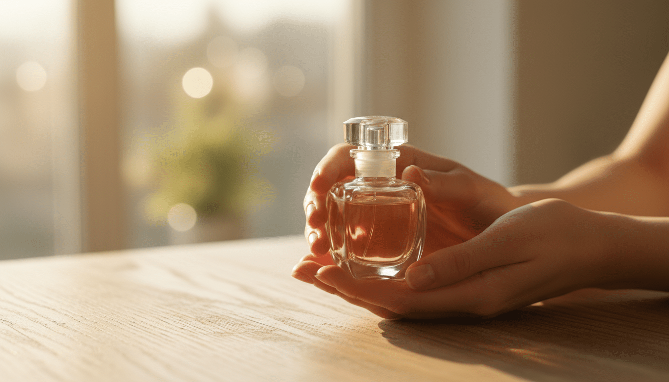 Mains féminines tenant un flacon de parfum en verre