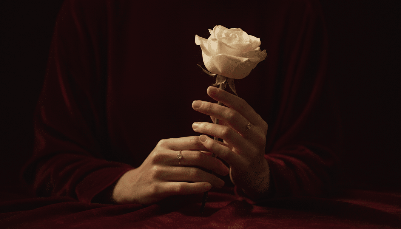 Mains féminines tenant une rose blanche sous lumière dorée