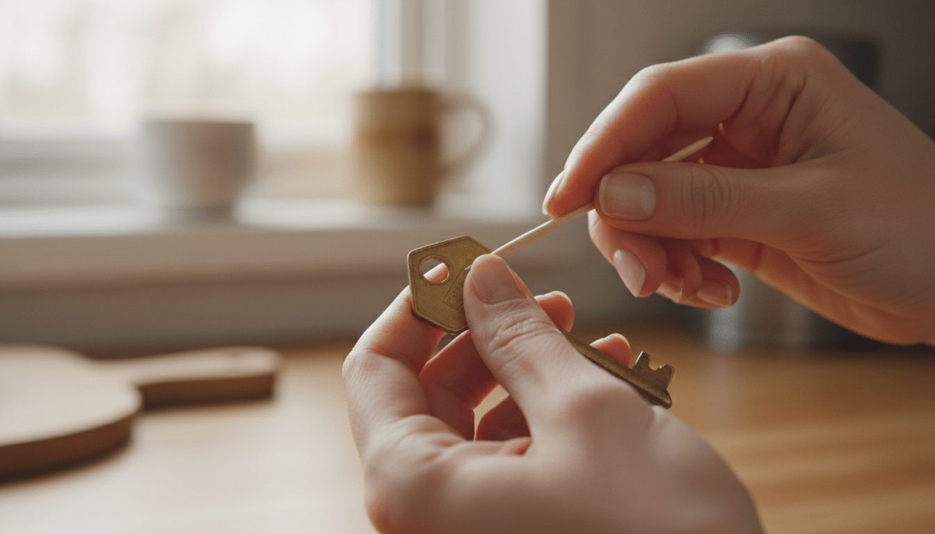 Mains frottant un cure-dent sur une clé de maison