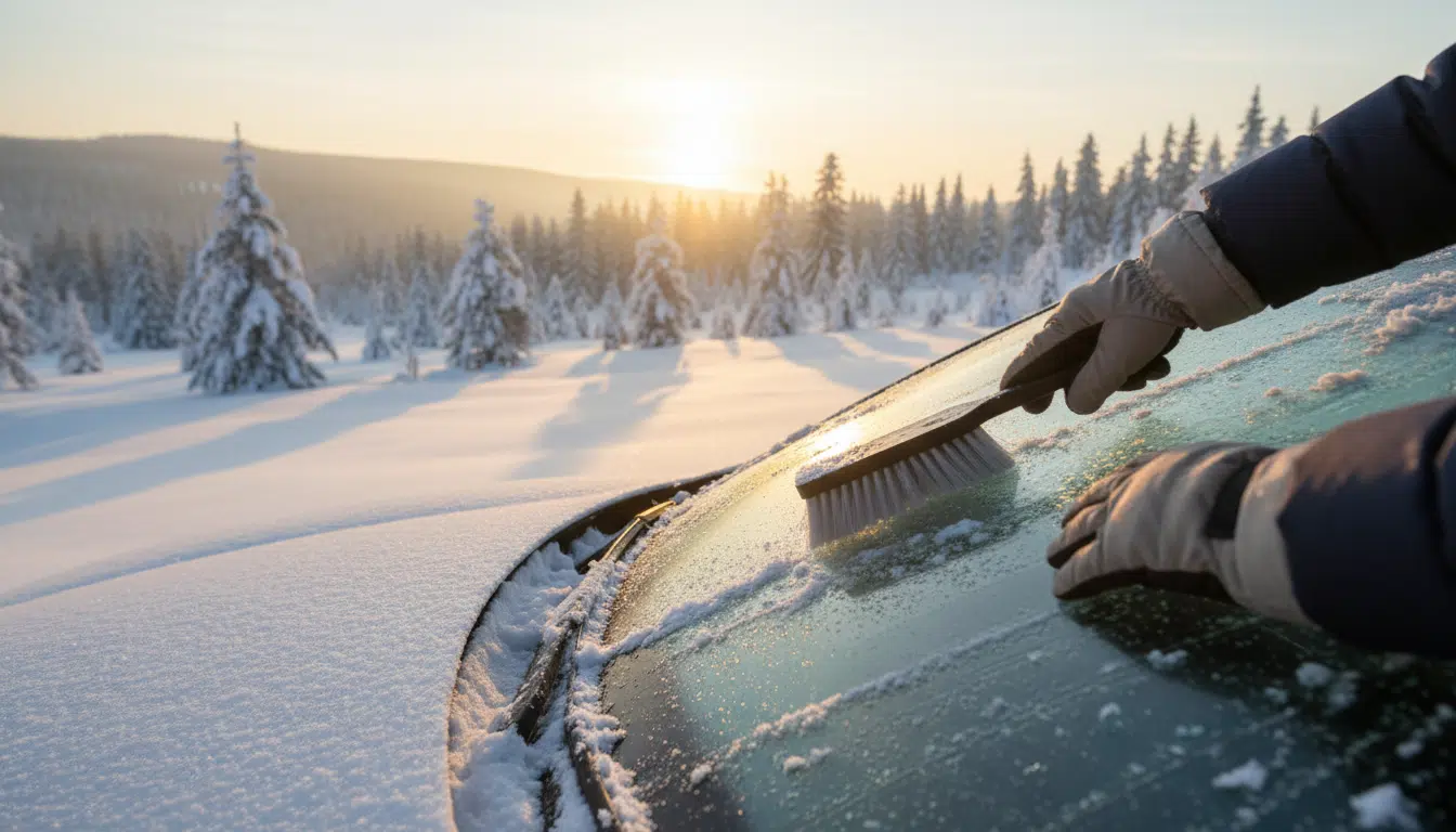 Mains gantées déneigent un pare-brise au lever du soleil