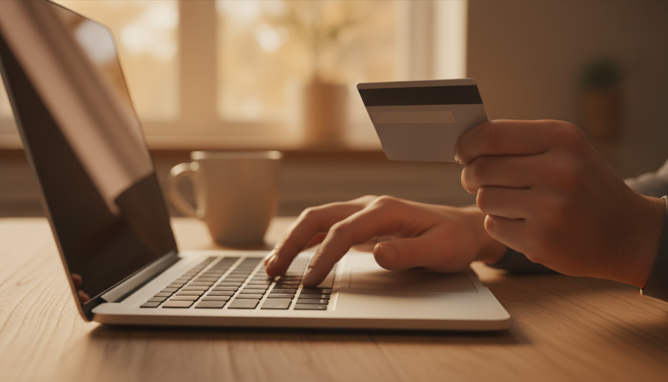 Mains hésitantes sur clavier avec carte bancaire