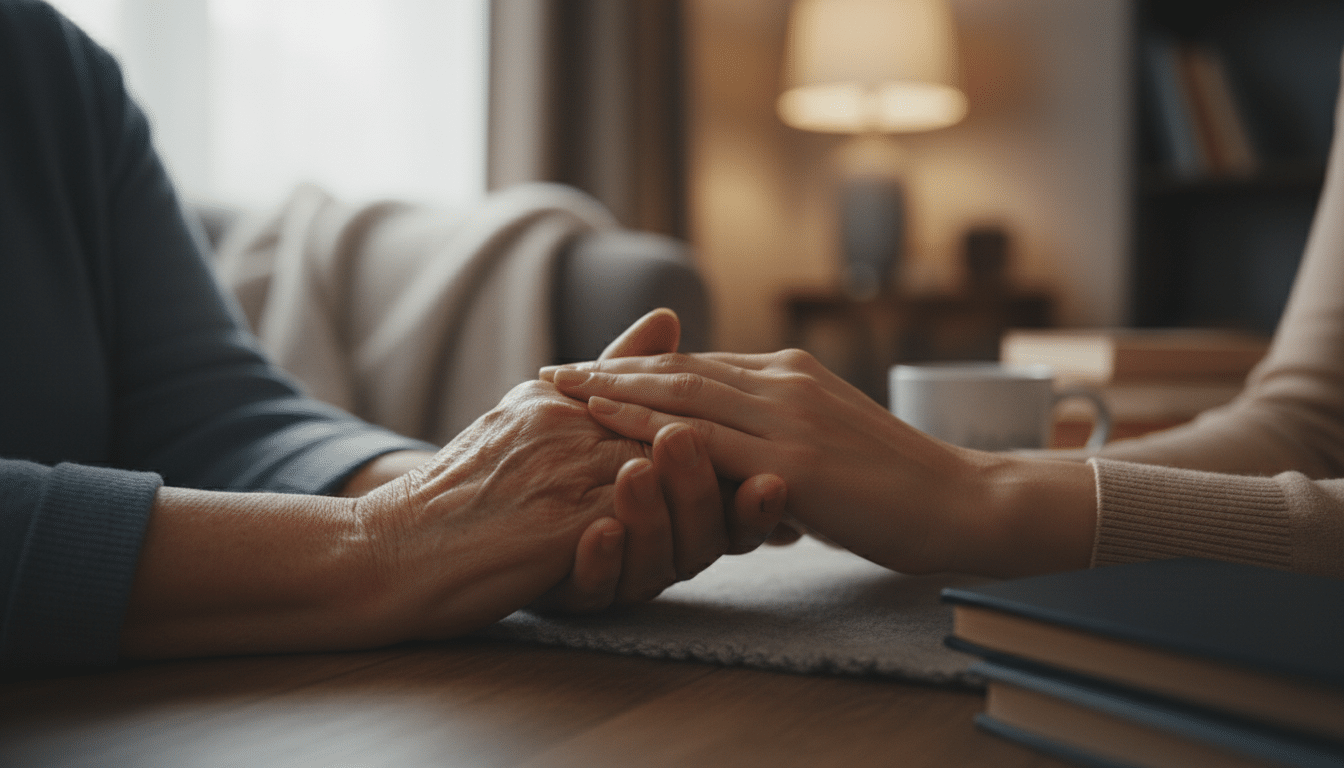Mains jointes d'une aidante et de sa mère âgée