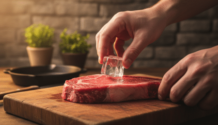 Mains posant un glaçon sur un steak cru