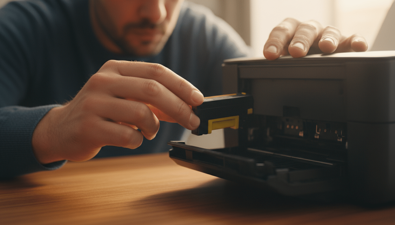 Mains retirant une cartouche d'encre d'une imprimante