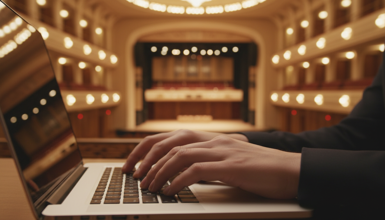 Mains tapant sur un clavier avec salle de concert floue