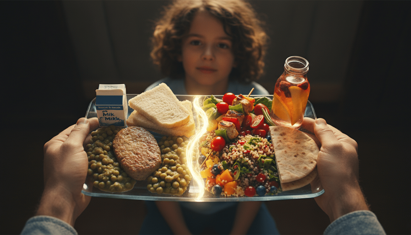 Mains tenant deux images : repas de cantine ancien et nouveau, symbolisant l'évolution.