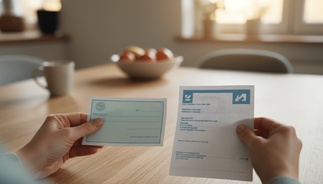 Mains tenant un chèque énergie et une facture d'électricité