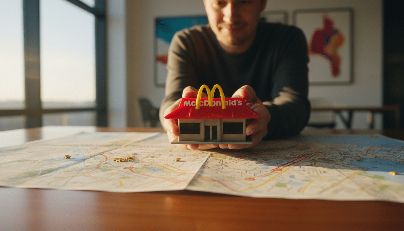 Mains tenant une maquette de restaurant McDonald's au-dessus d'un plan de ville