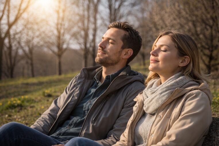Un couple profite d’une exposition modérée au soleil en début de printemps, une image adaptée à un article sur le manque de soleil