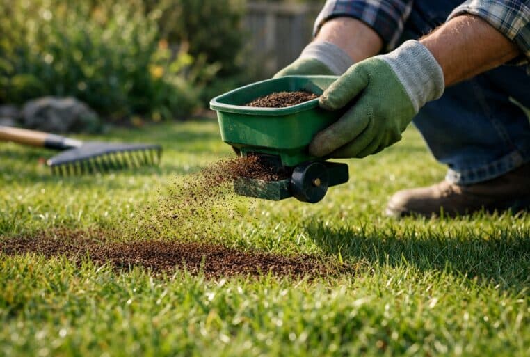 Pelouse au début du printemps, un jardinier épand une fine couche de marc de café sec sur l’herbe verte à l’aide d’un petit épandeur, lumière douce du matin.