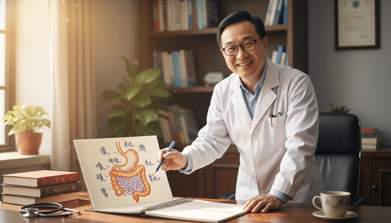 Médecin expliquant le système digestif avec un schéma