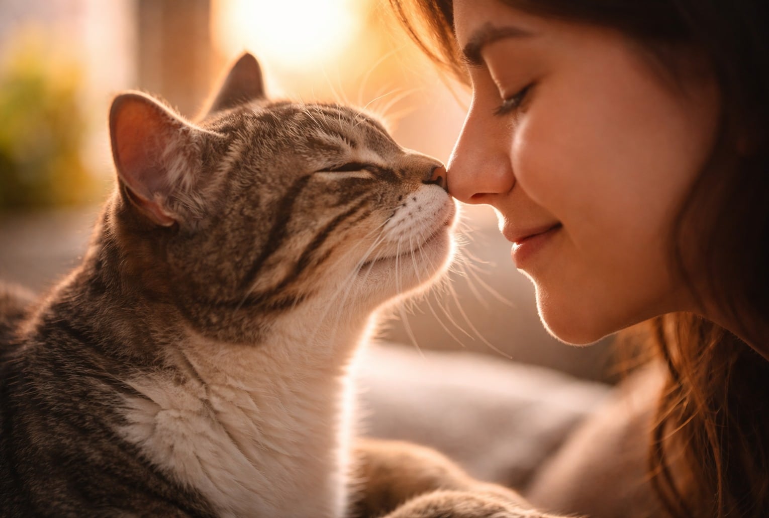 Mémoire du chat : un chat tigré touche le nez de son humaine dans une lumière chaude.