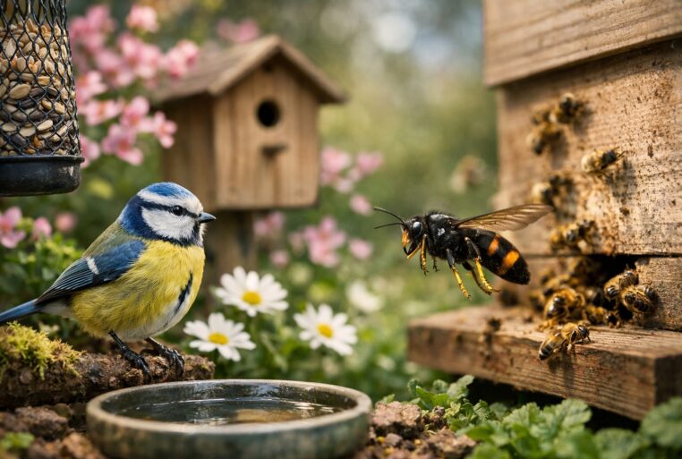 Attirer les mésanges au jardin en mars face au frelon asiatique, avec nichoir, point d’eau et ruche en arrière-plan