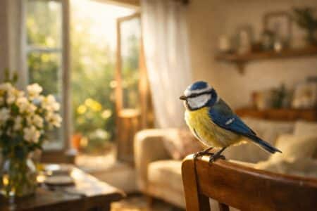 Mésange entrant dans une maison en mars, signe du retour du printemps