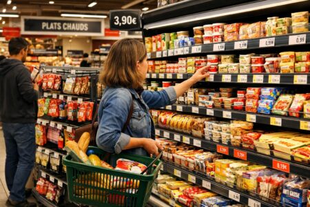 Une cliente choisit des mini-portions dans le rayon frais d’un supermarché en France.