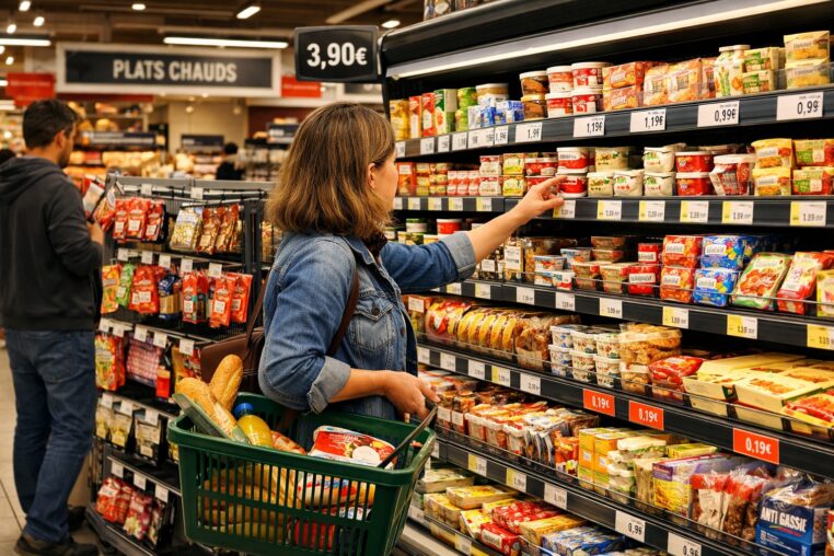 Une cliente choisit des mini-portions dans le rayon frais d’un supermarché en France.