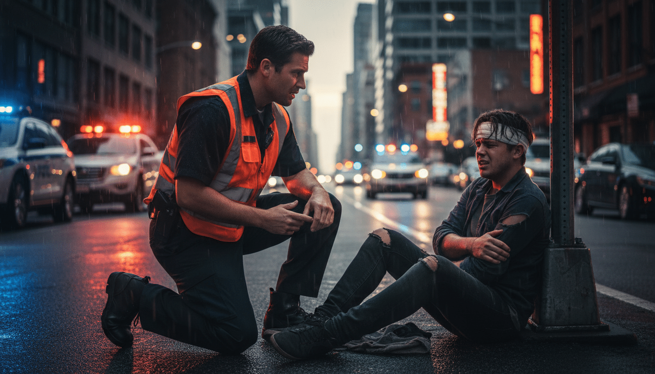Secouriste aidant un blessé dans une rue la nuit