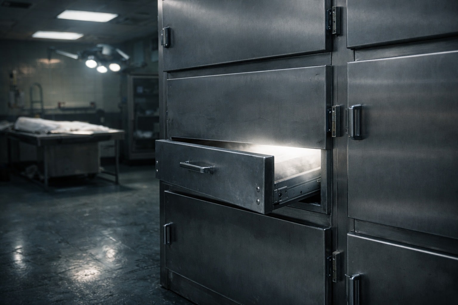 Chambre froide de morgue, tiroirs métalliques alignés, l’un entrouvert avec une lumière froide