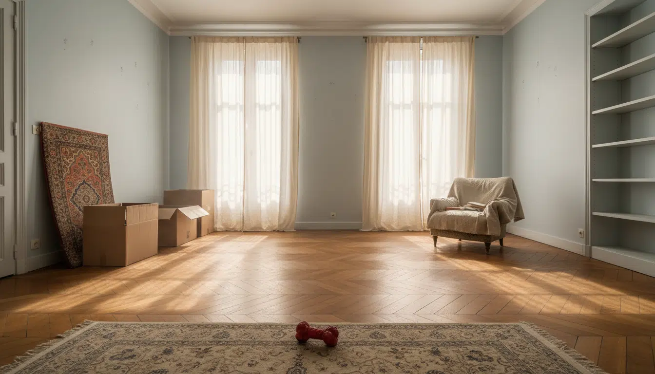 Appartement en désordre avec jouet de chien au sol