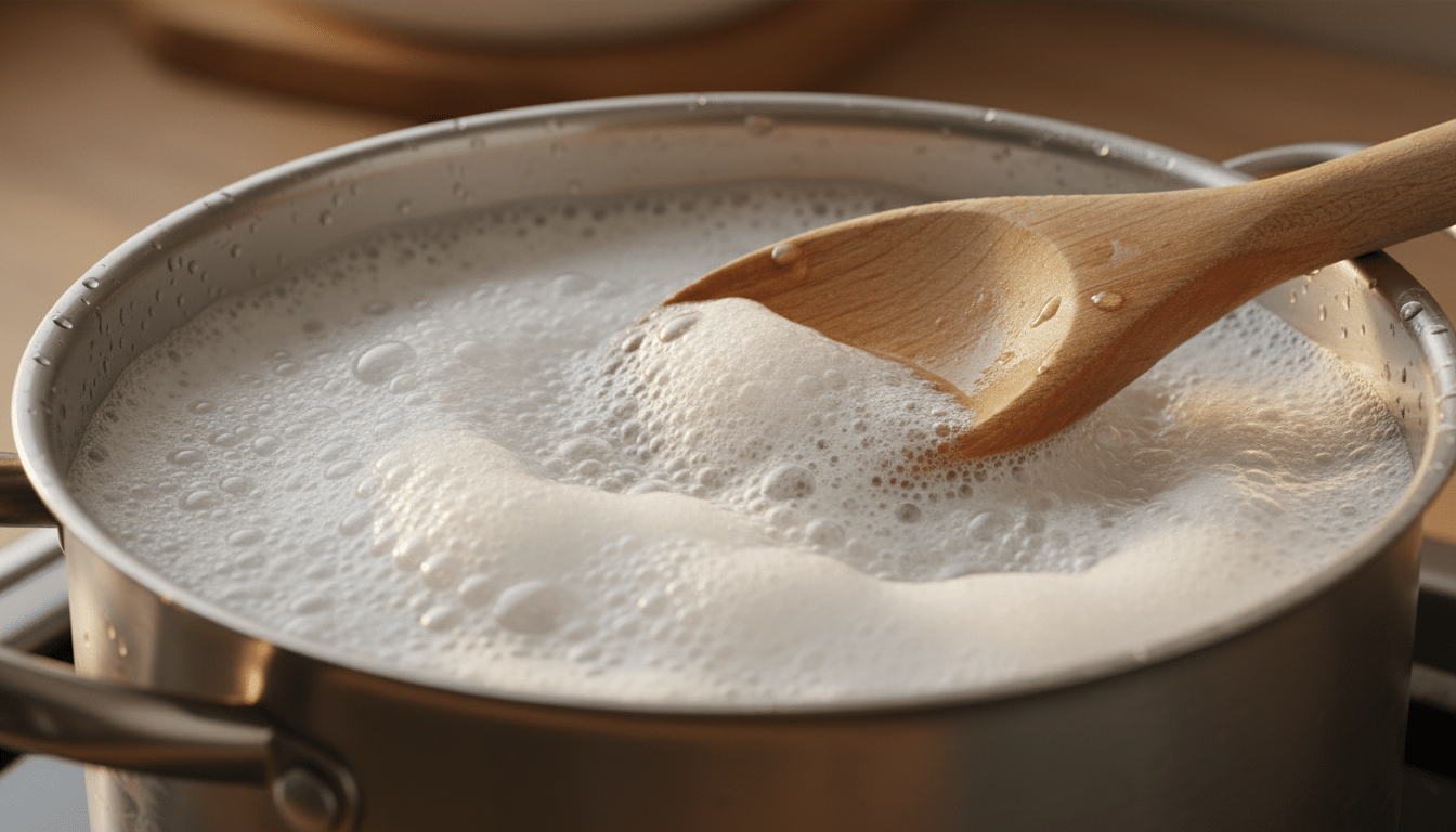 Mousse bouillonnante stoppée par une cuillère en bois