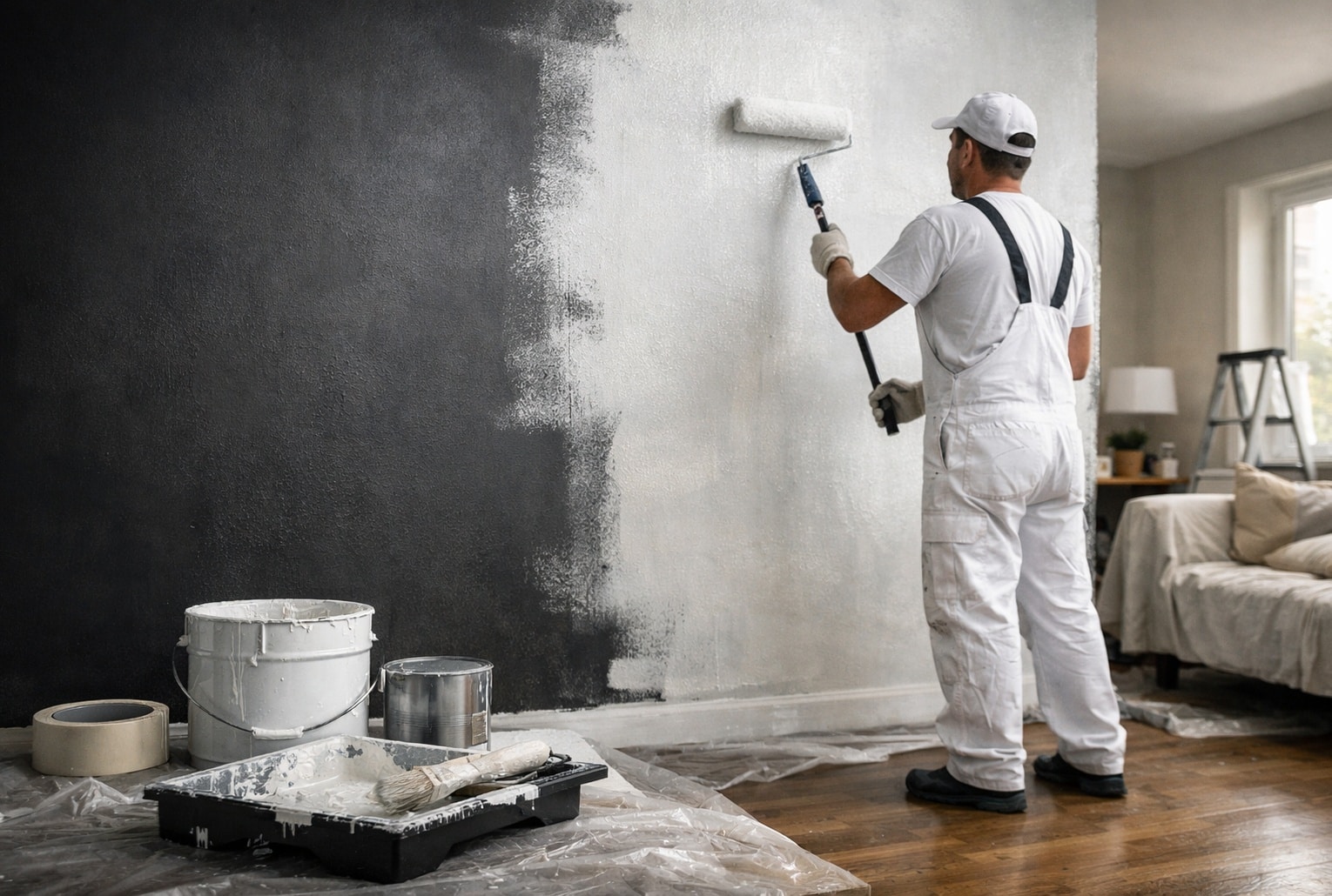 Mur foncé repeint avec une sous-couche blanche avant finition claire