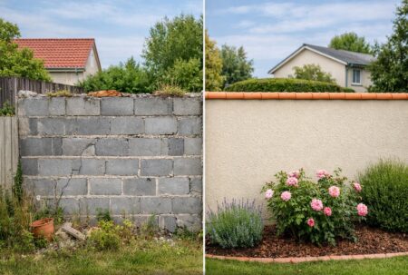 Mur mitoyen dans le jardin : parpaings bruts à gauche, mur crépi à droite.