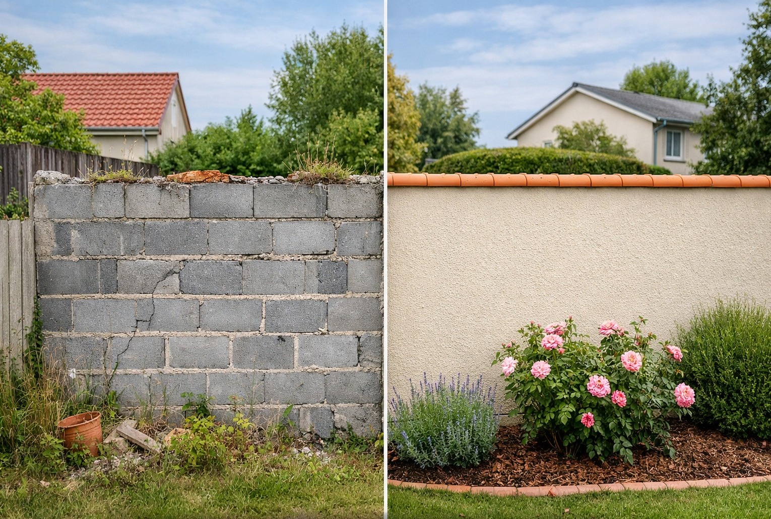 Mur mitoyen dans le jardin : parpaings bruts à gauche, mur crépi à droite.