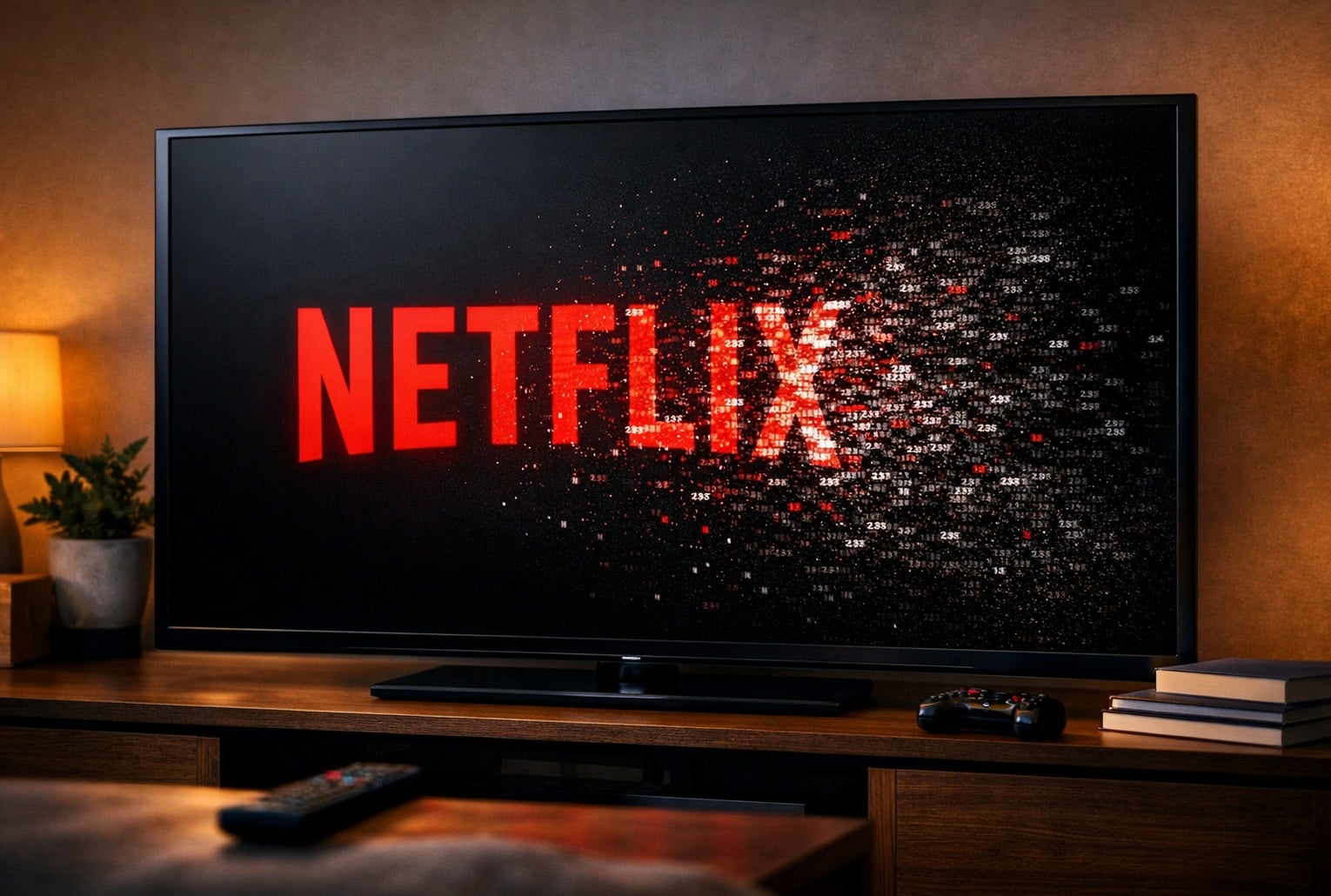 Logo Netflix sur une télévision en train de disparaître en pixels, symbole de l’arrêt du service sur certains appareils.