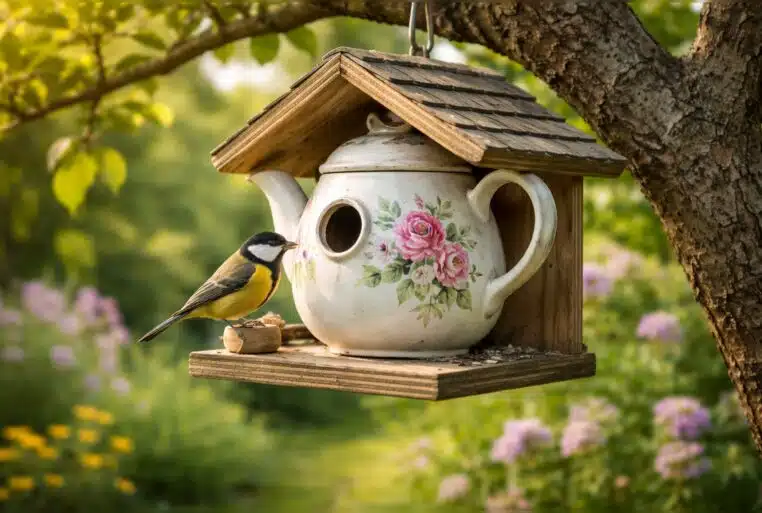 Nichoir pour oiseaux réalisé avec une théière vintage suspendue dans un jardin au printemps, avec une mésange posée sur le rebord.
