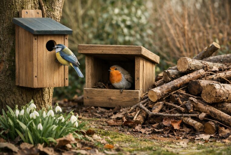 Nichoirs installés au jardin en fin d’hiver, une mésange inspecte un nichoir fermé et un rouge-gorge se tient près d’un nichoir semi-ouvert, avec tas de bois et perce-neige.