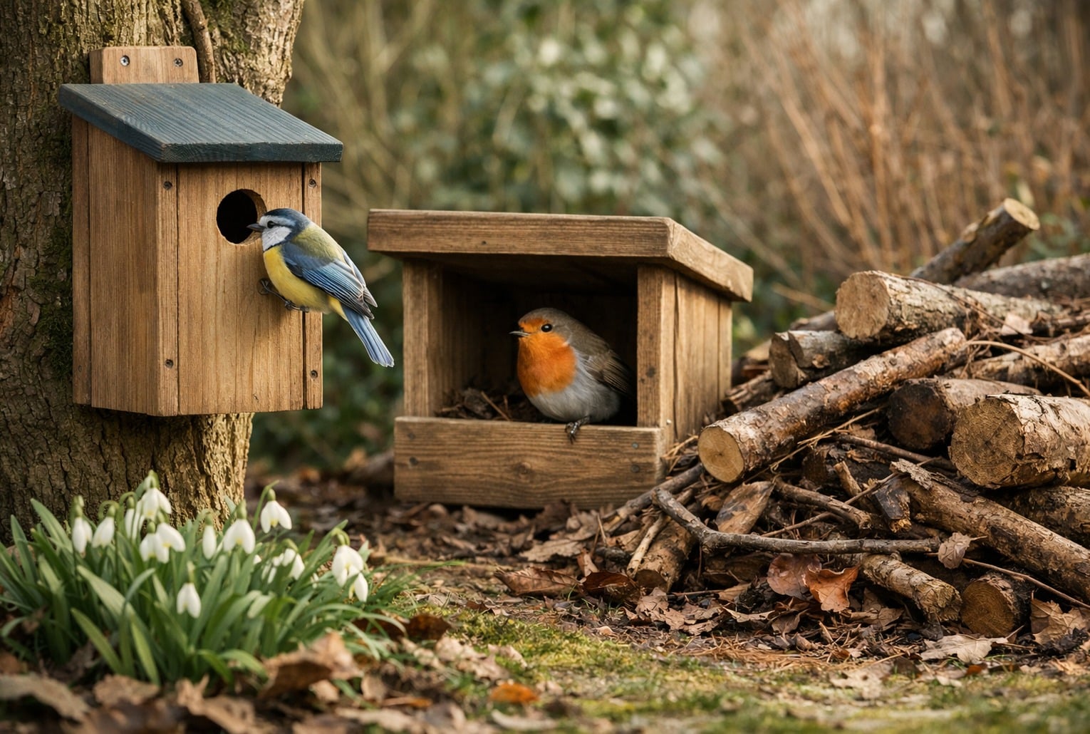Nichoirs installés au jardin en fin d’hiver, une mésange inspecte un nichoir fermé et un rouge-gorge se tient près d’un nichoir semi-ouvert, avec tas de bois et perce-neige.