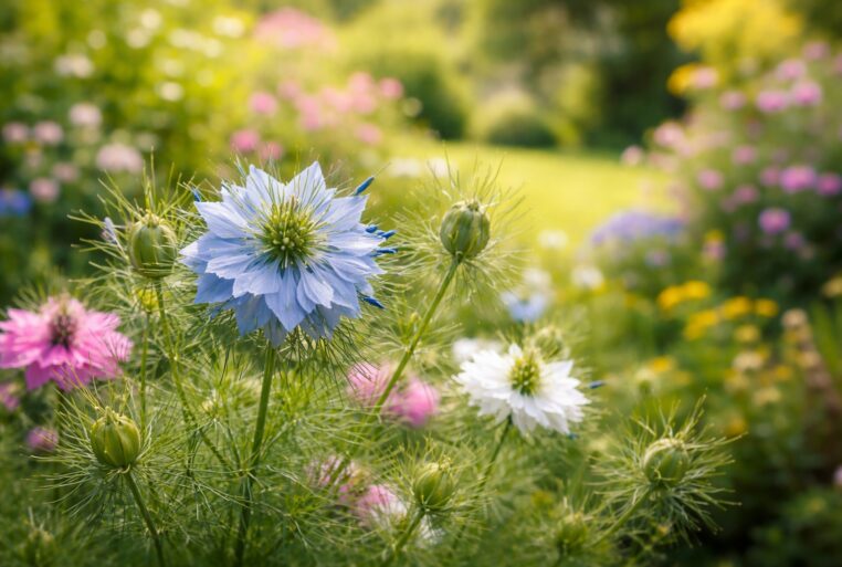 Fleur de nigelle de Damas mise en avant dans un jardin printanier au fond flou