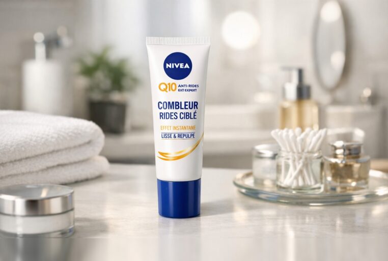 Combleur de rides Nivea Q10 posé sur une table de salle de bain, avec arrière-plan flou.