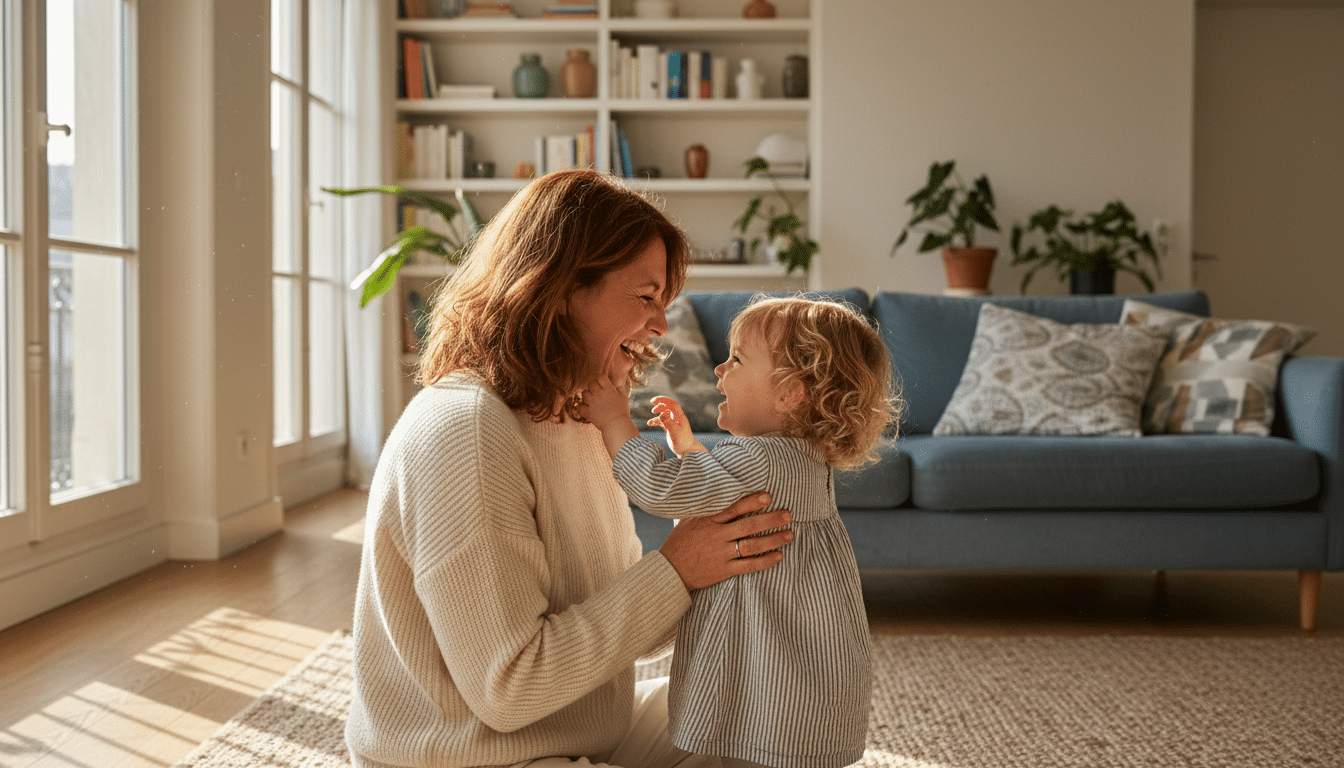 Femme souriante avec une petite fille dans la lumière