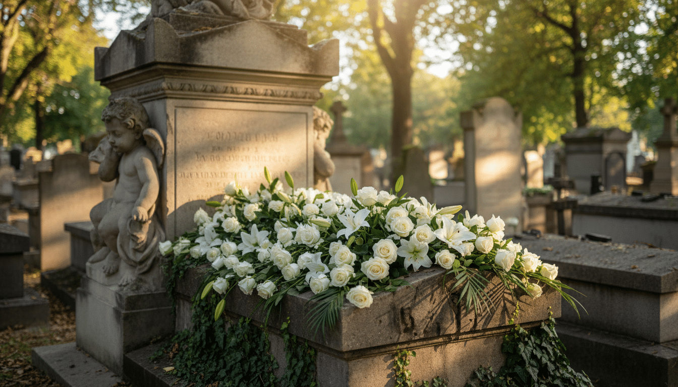 Fleurs blanches sur un monument au Père-Lachaise