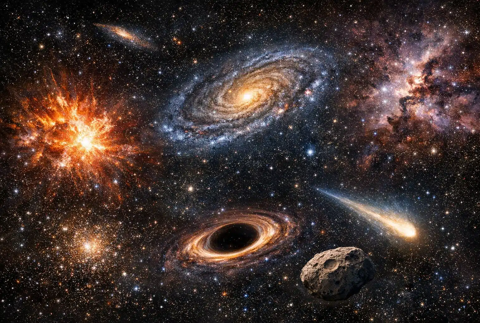 Espace profond avec galaxie lumineuse, nuages stellaires et détails fins évoquant la précision de l’Observatoire Rubin